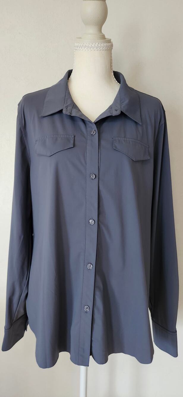 Lyssé Utility Button Down Shirt Women’s L Slate Blue Gray Stretch Long Sleeve